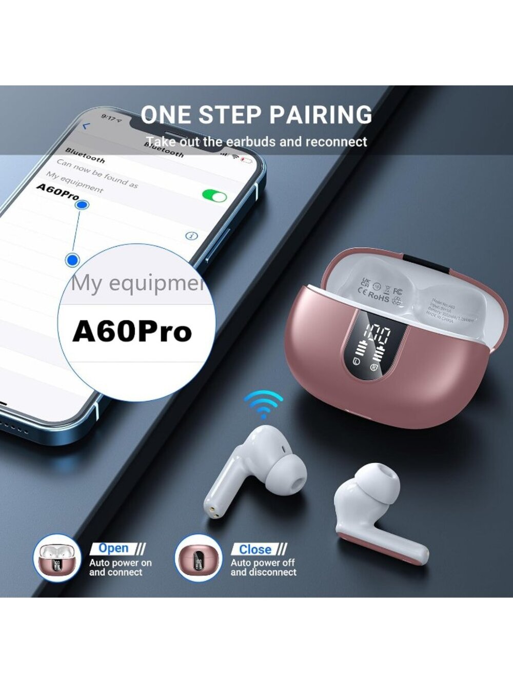 Wireless Pink Gold HiFi Stereo Noise Canceling 42Hs Playtime Bluetooth Earbud - Picture 5 of 6